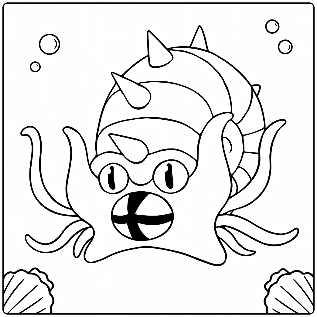 Omastar kleurplaat: Pokémon met schelp, tentakels, bubbels