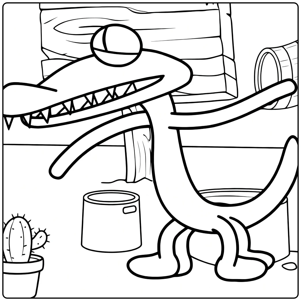 Orange Rainbow Friends Kleurplaat met cactus en tonnen