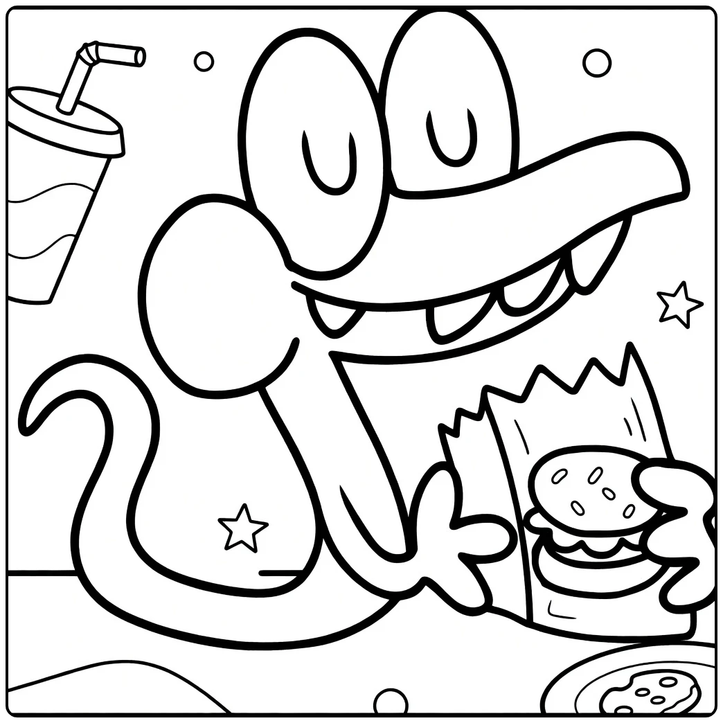 Orange Rainbow Friends Kleurplaat met monster en hamburger