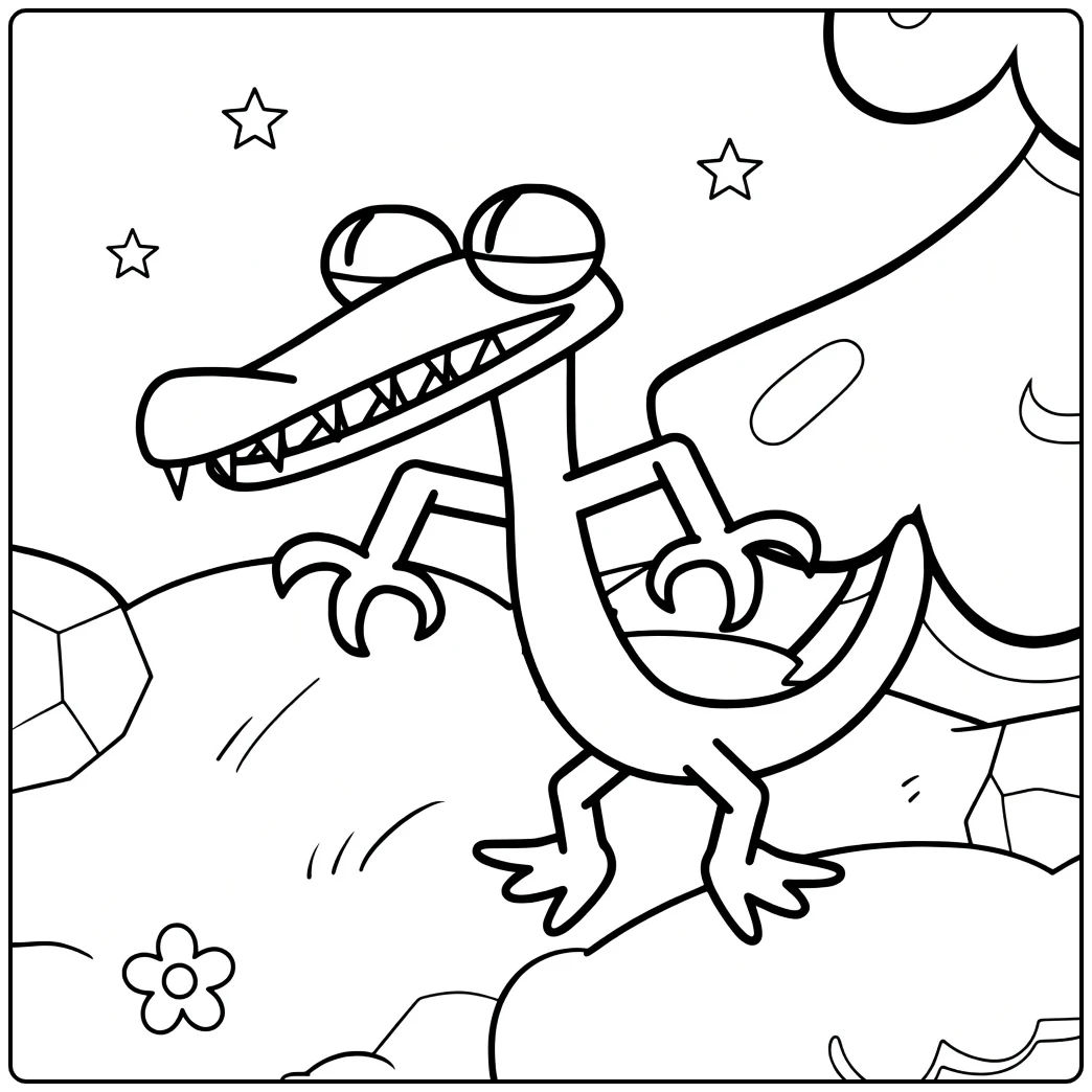 Orange Rainbow Friends Kleurplaat met krokodil op wolken