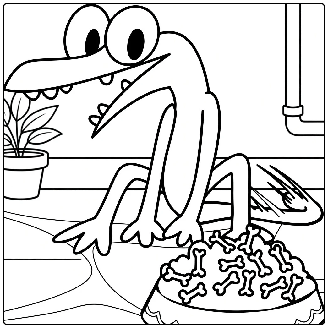 Orange Rainbow Friends Kleurplaat alligator met botten