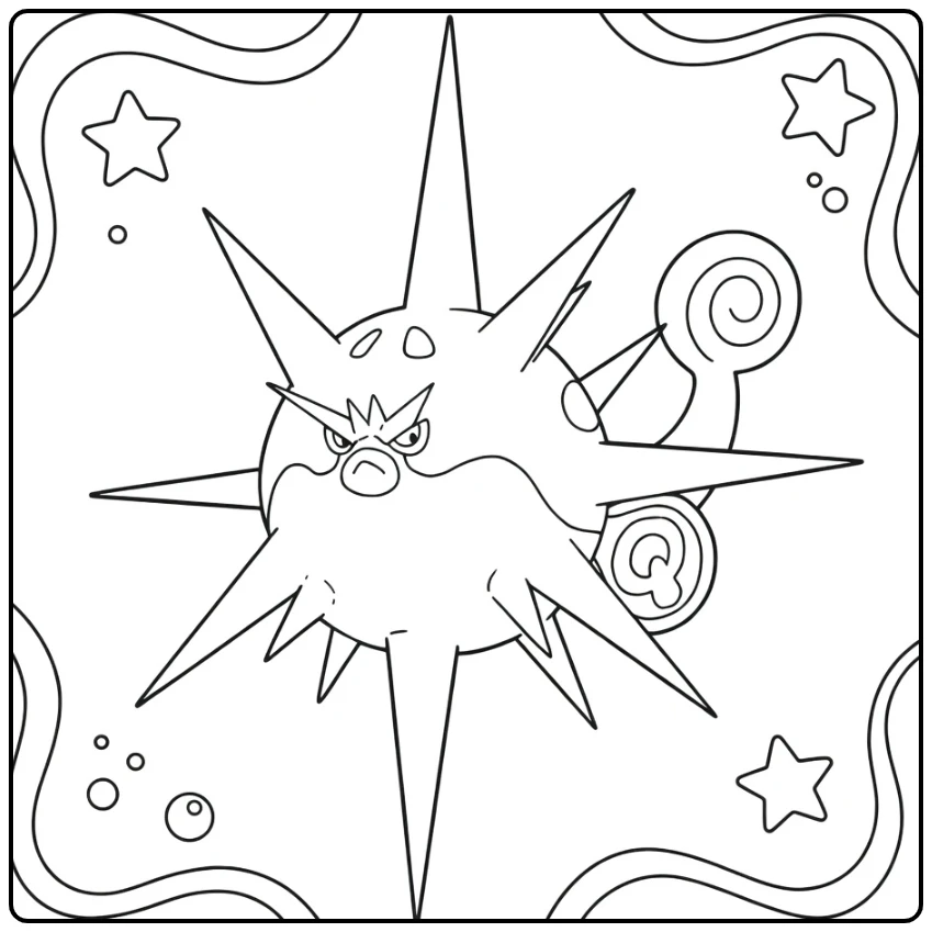 Overqwil Kleurplaat: boze Pokémon met stekels en sterren