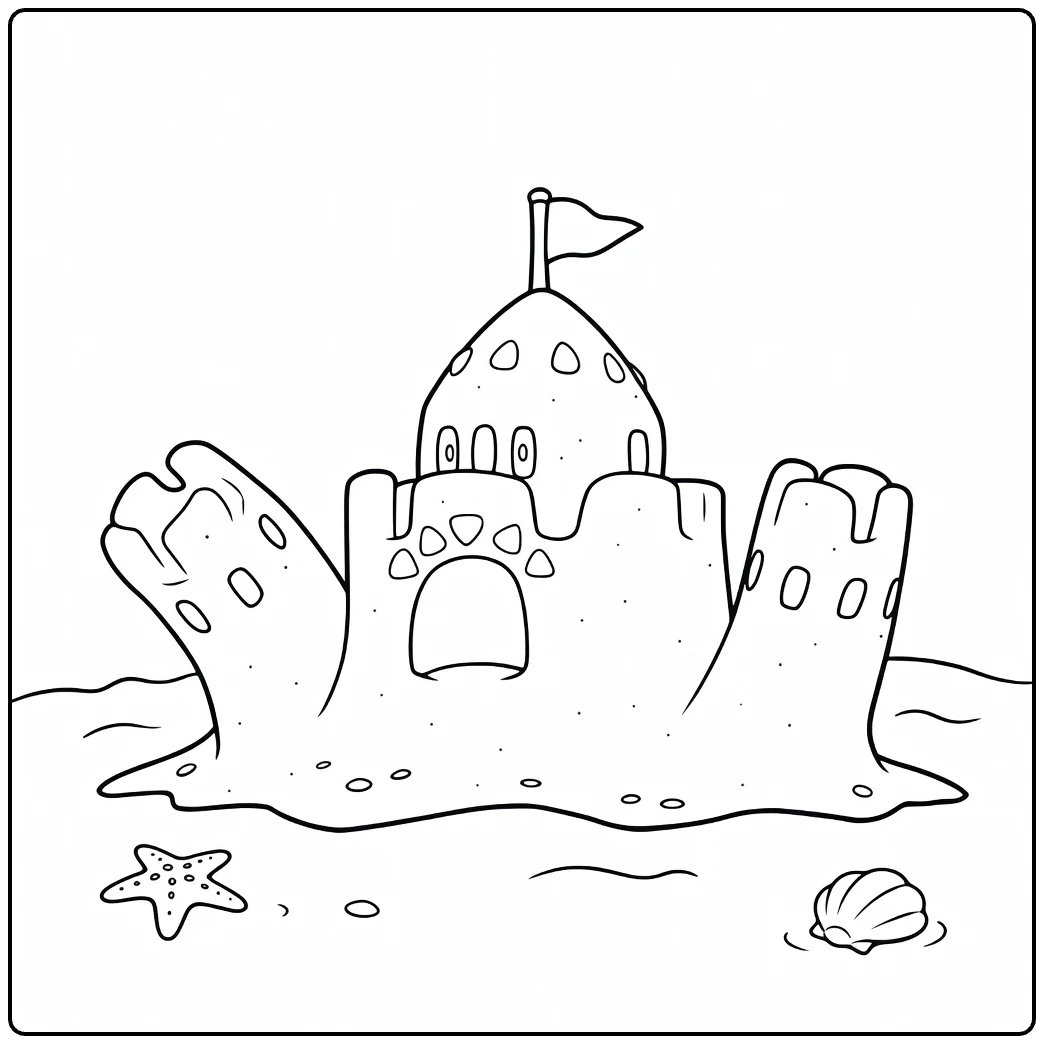 Palossand Kleurplaat: zandkasteel Pokémon op strand met zeester