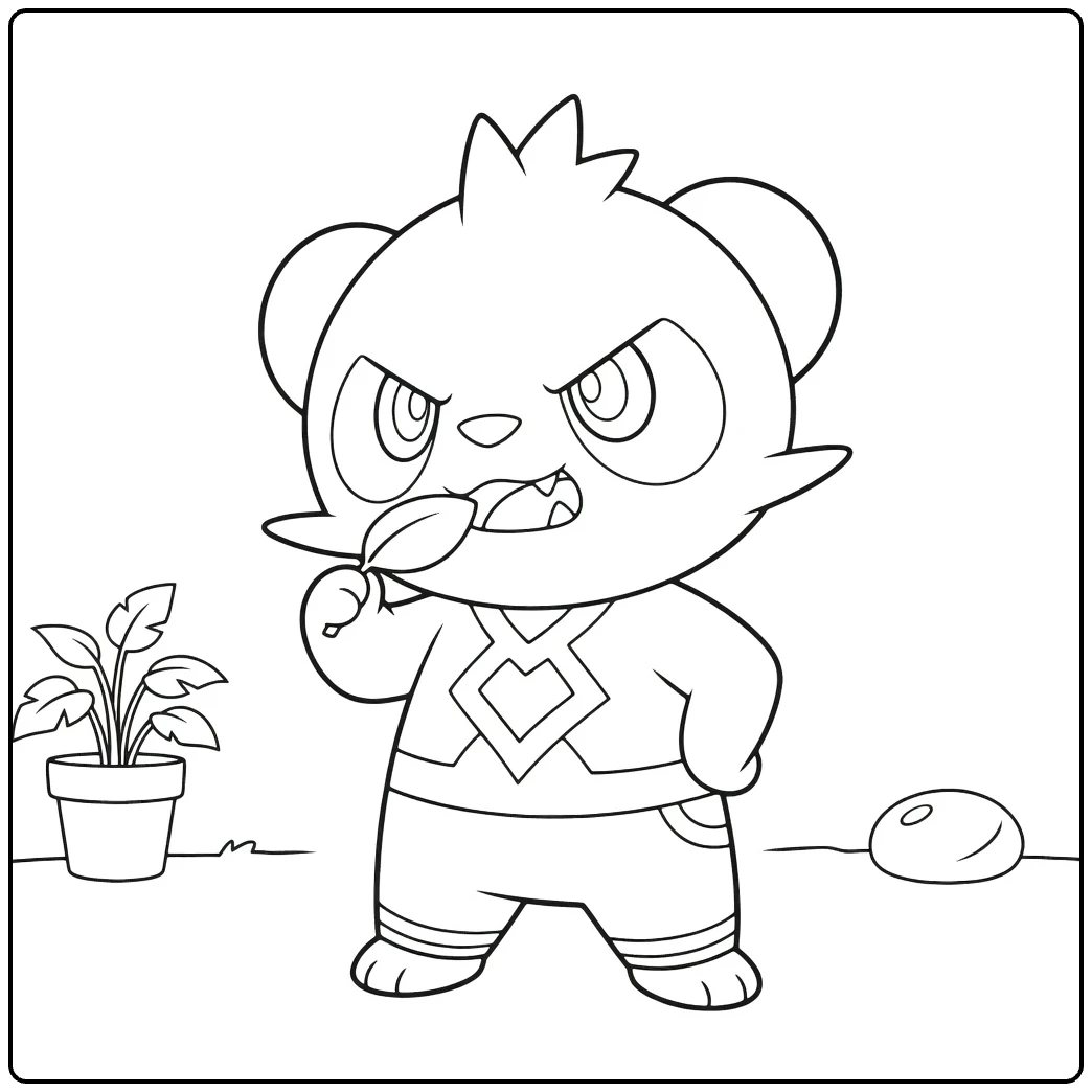 Pancham Kleurplaat: boze panda Pokémon met blad in mond