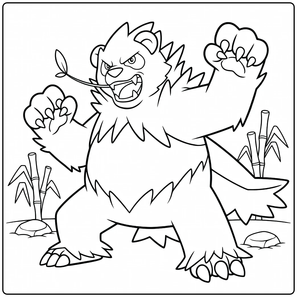 Pangoro Kleurplaat: brullende Pokémon panda met bamboe