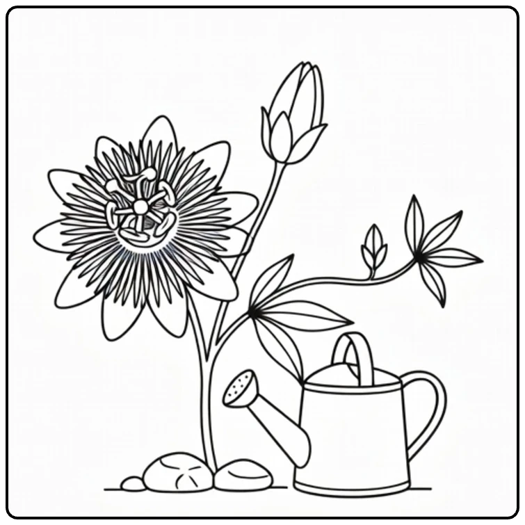 Passiebloem kleurplaat met gieter in tuin hoekje