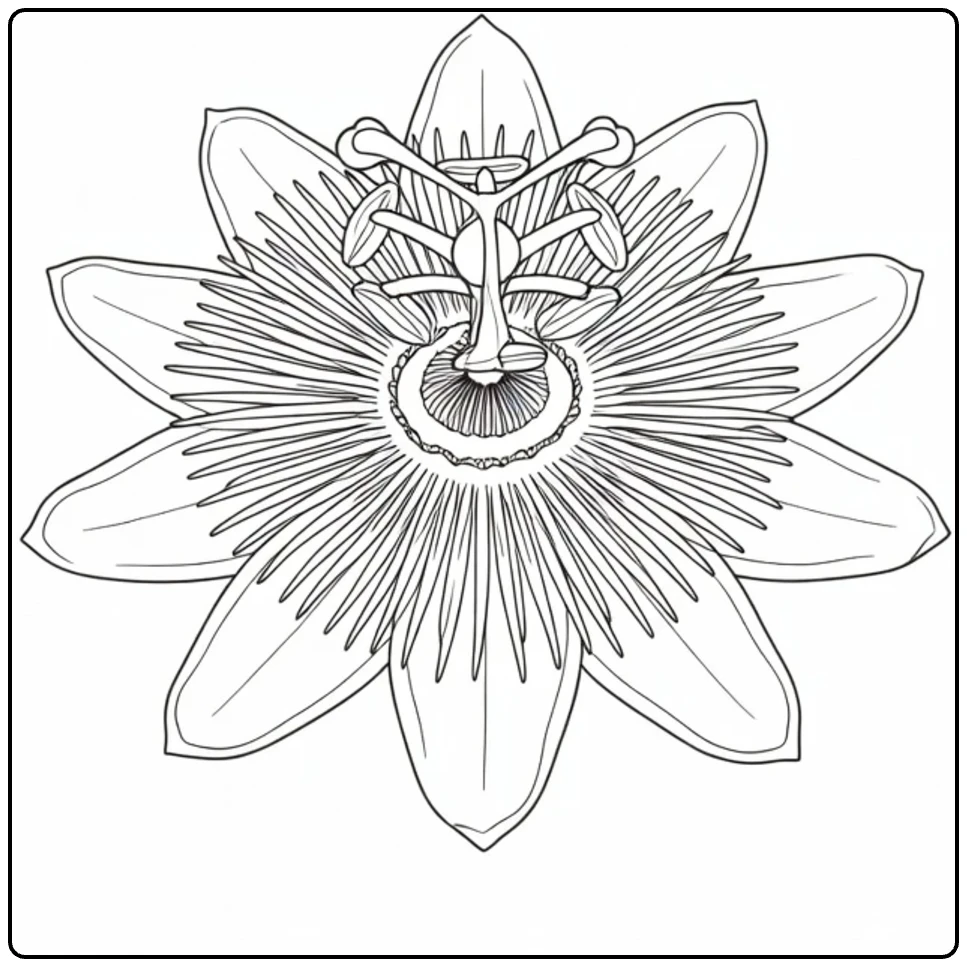 Passiebloem kleurplaat met corona en stigma close-up