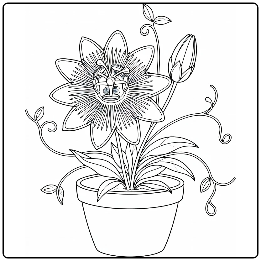 passiebloem kleurplaat met bloem in ronde tuinpot en knop
