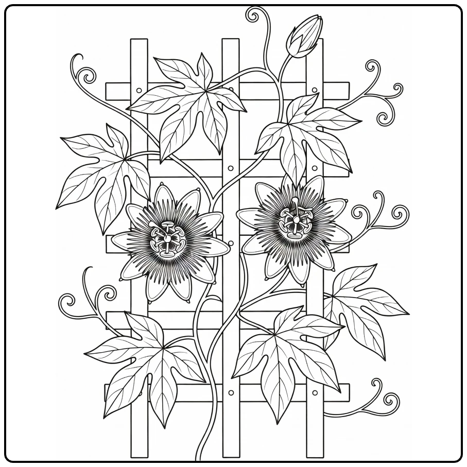 passiebloem kleurplaat met ranken rond houten trellis