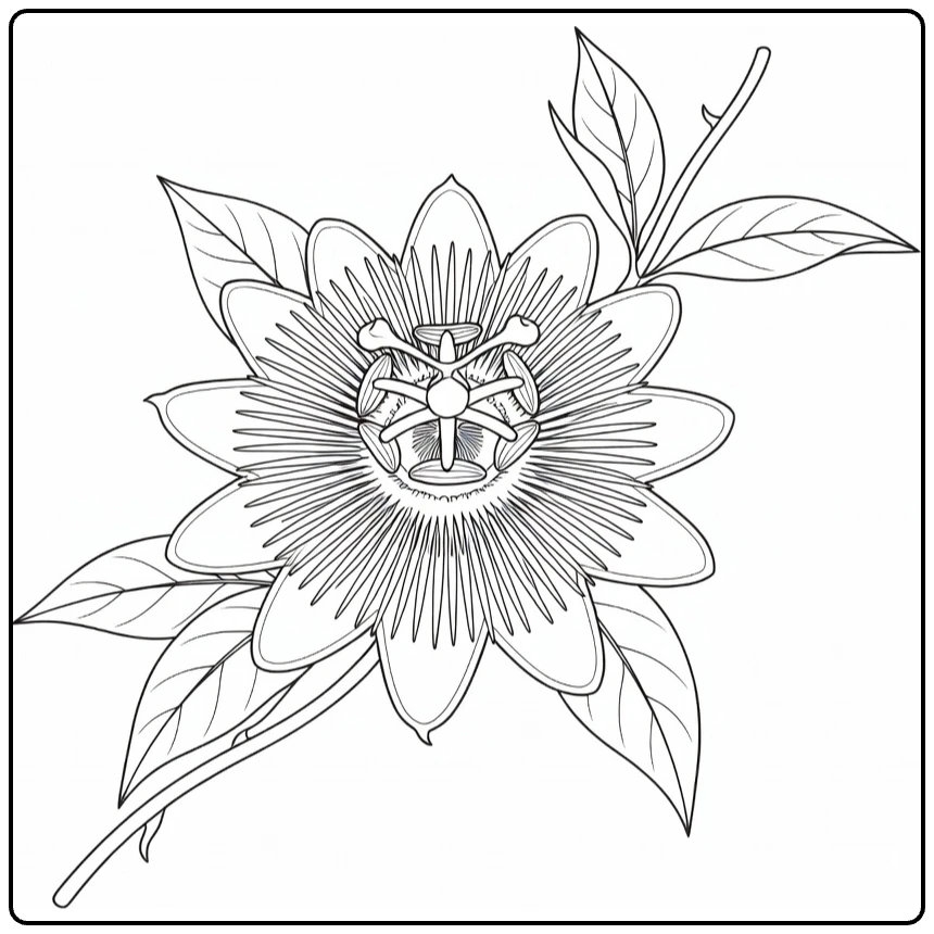 Passiebloem kleurplaat met centraal geopende bloem en bladeren