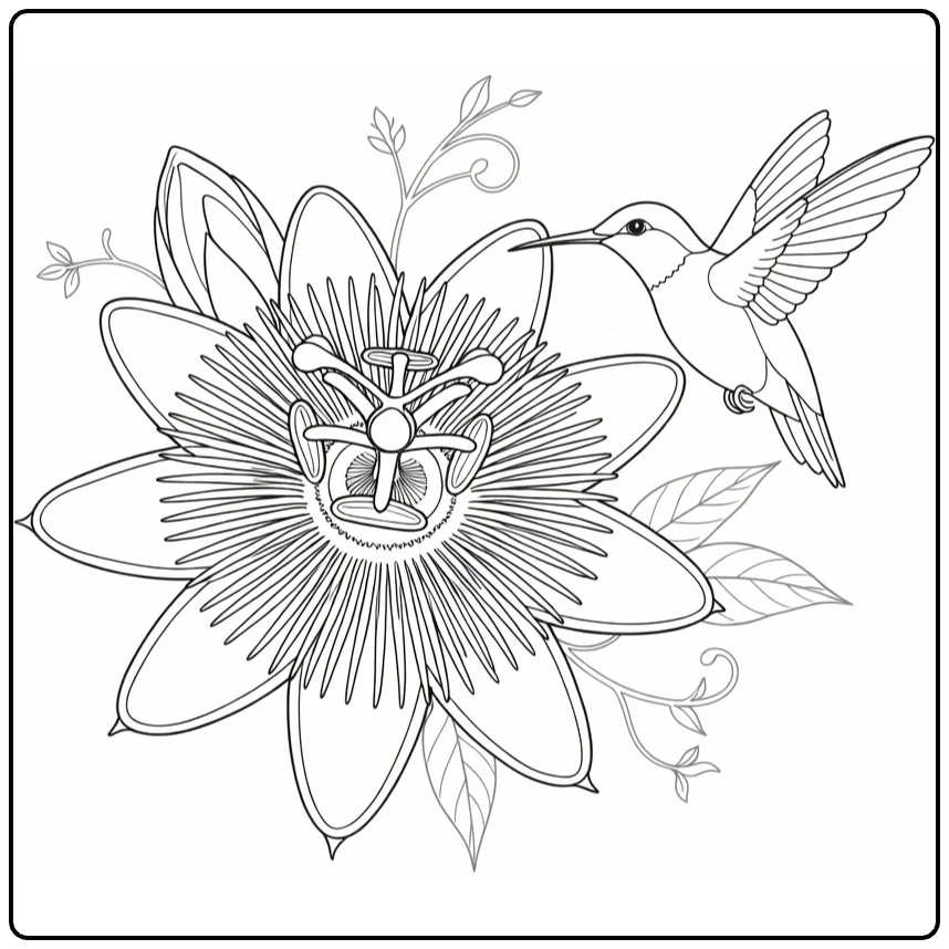 Passiebloem kleurplaat met kolibrie bij bloem