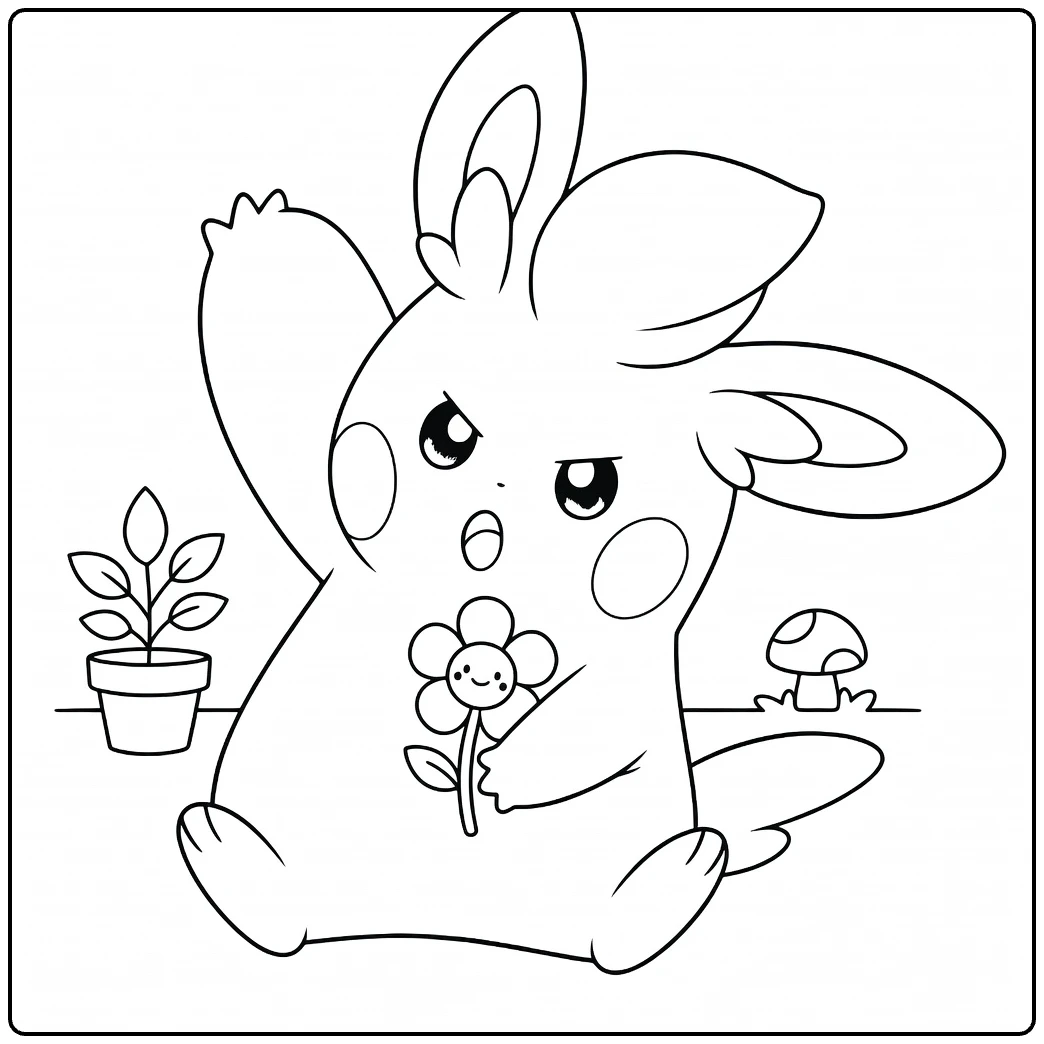 Pawmo Kleurplaat: boze Pawmo met bloem, plant en paddo