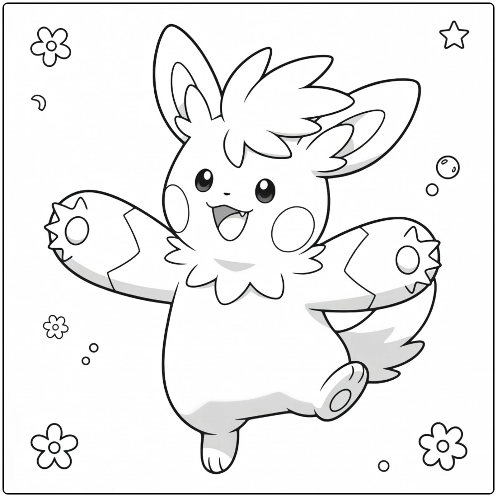 Pawmot Kleurplaat: blije Pokémon met armen wijd en bloemen