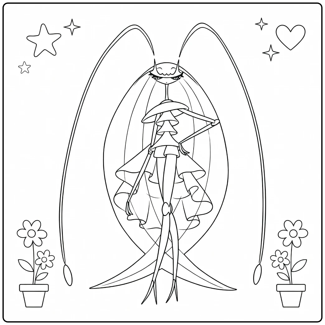 Pheromosa Kleurplaat | elegante Pokémon met sterren en bloemen