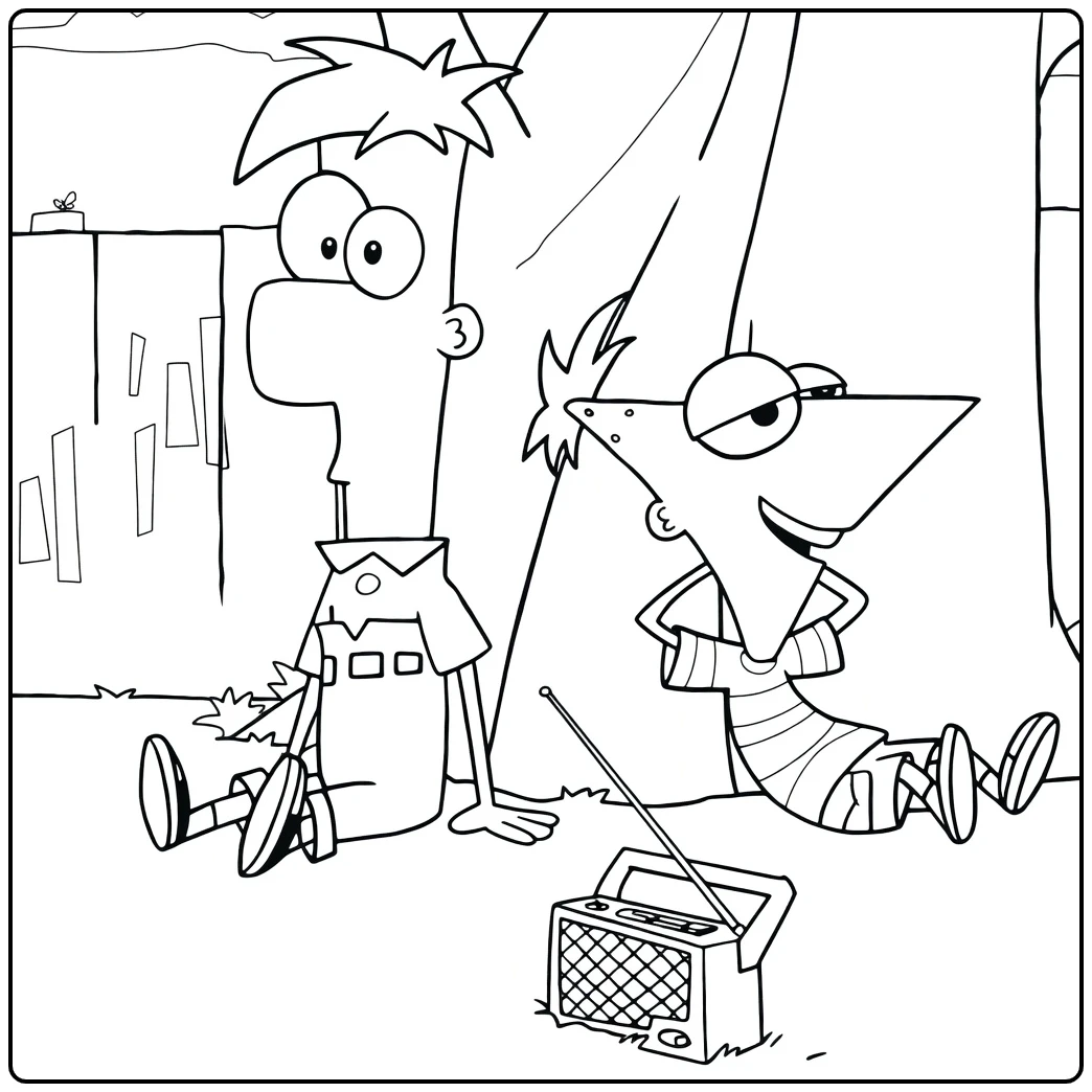 Phineas and Ferb Kleurplaat met jongens en radio in tuin