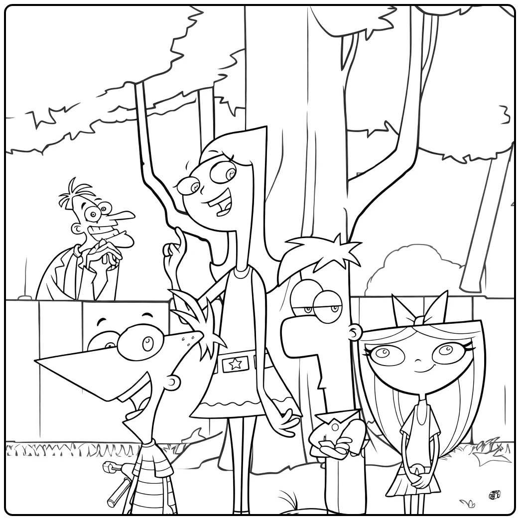 Phineas and Ferb Kleurplaat met Phineas Ferb en vrienden