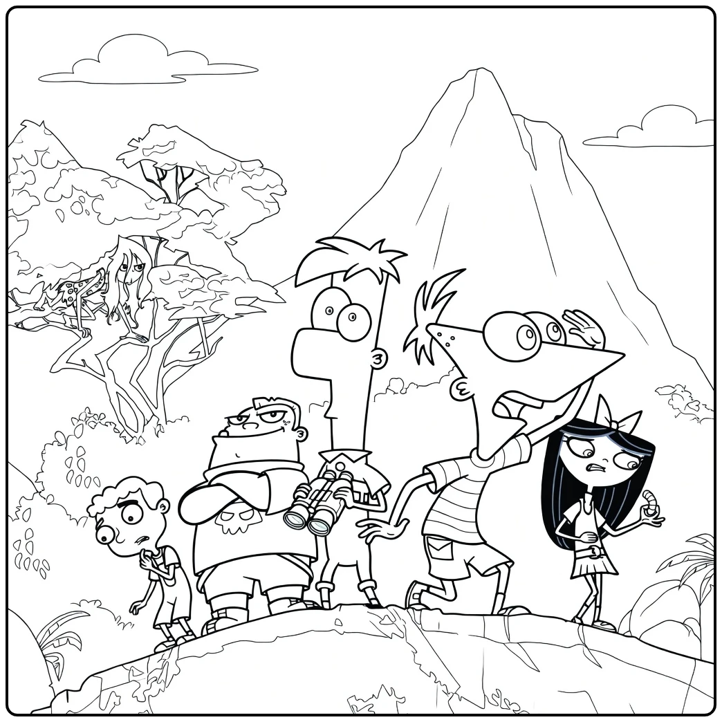 Phineas and Ferb Kleurplaat avontuur in de jungle