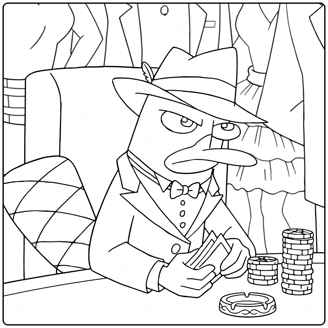 Phineas and Ferb Kleurplaat met Perry in pak aan de pokertafel