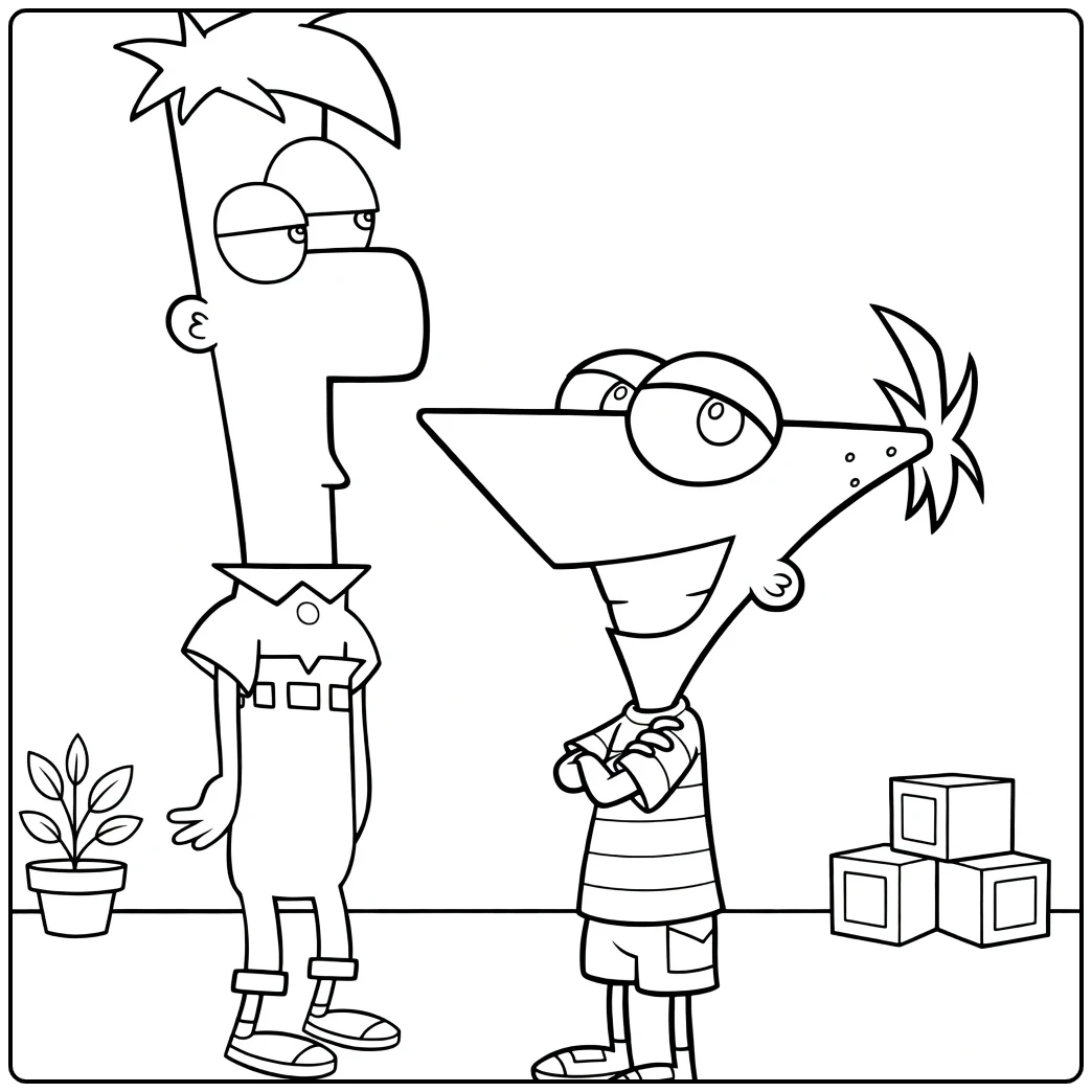 Phineas and Ferb Kleurplaat met Phineas en Ferb figuren