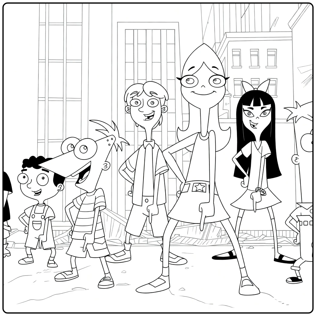 Phineas and Ferb Kleurplaat met Phineas Ferb en vrienden
