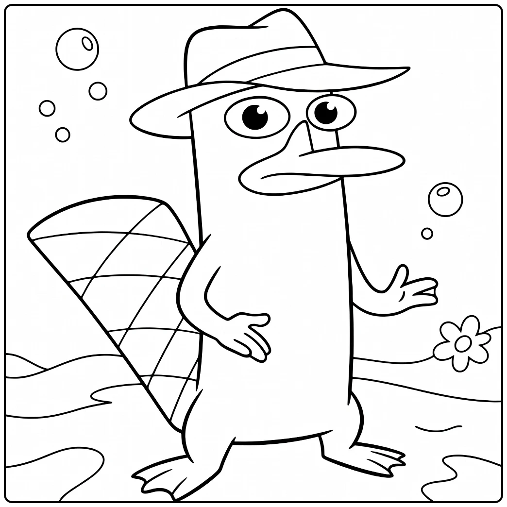 Phineas and Ferb Kleurplaat Perry met hoed en vlieger