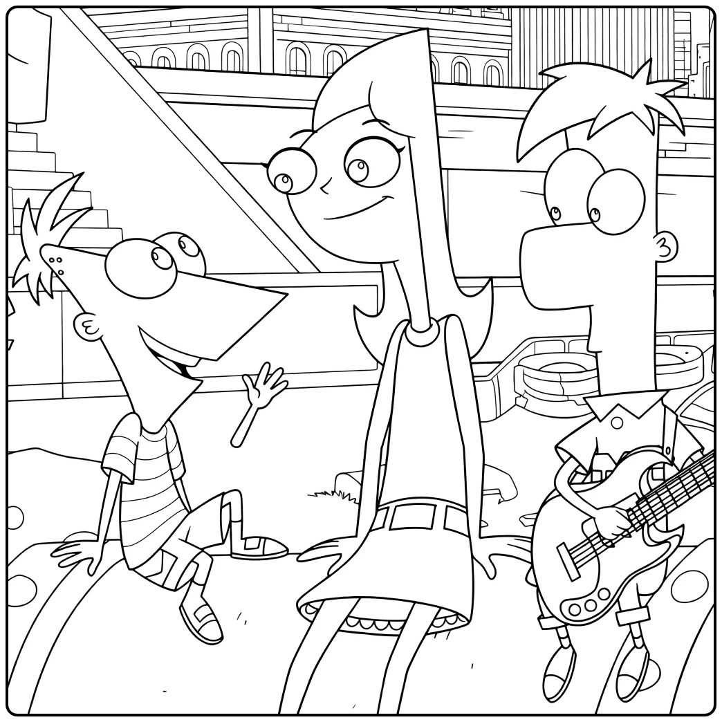 Phineas and Ferb Kleurplaat met de broers en zus in actie