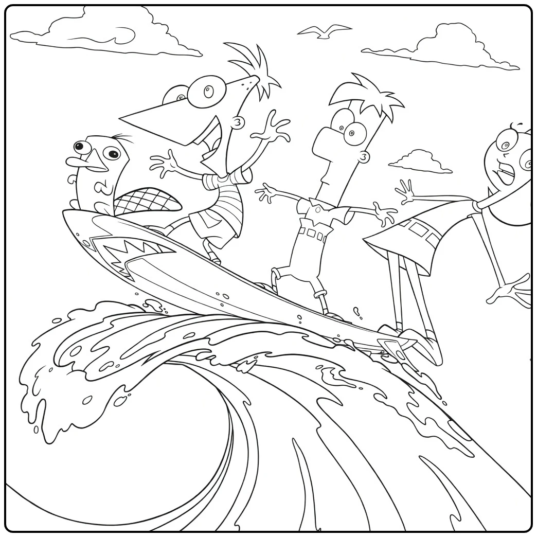 Phineas and Ferb Kleurplaat met surfers op haaiengolf