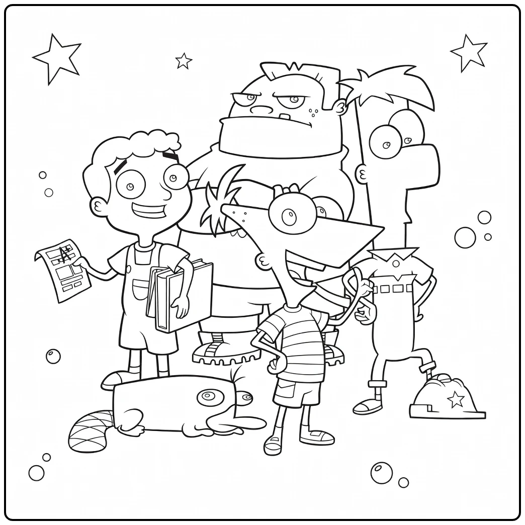 Phineas and Ferb Kleurplaat met alle personages en sterren