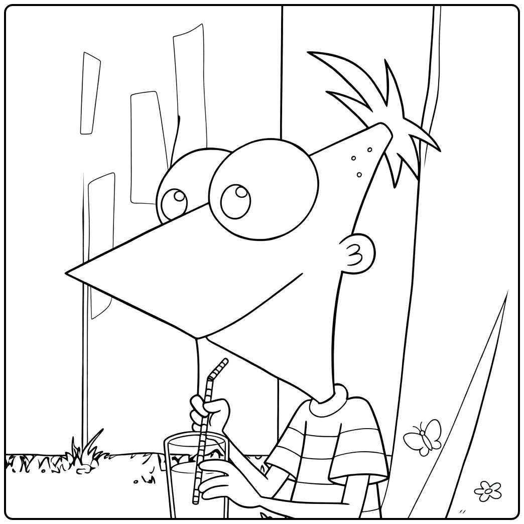 Phineas Kleurplaat van Phineas met rietje in glas