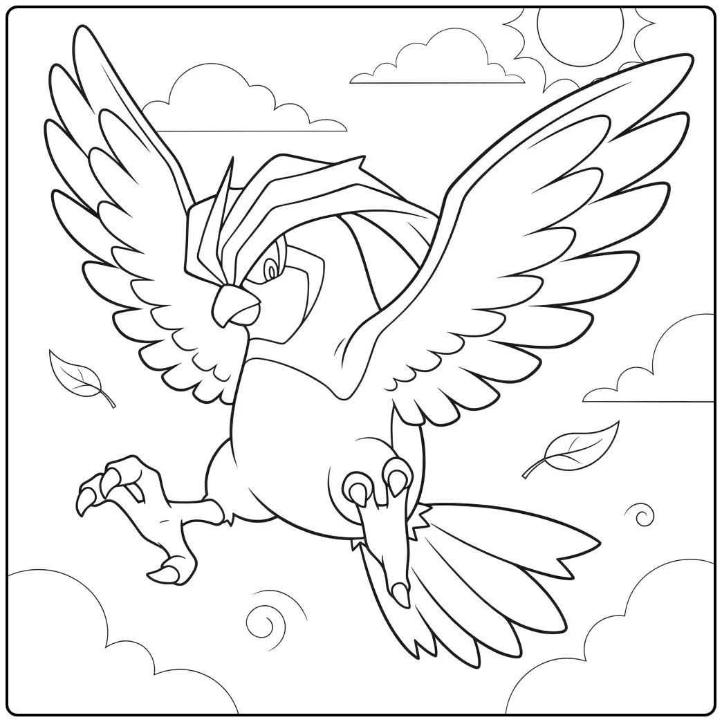 Pidgeotto Kleurplaat vliegend met klauwen, zon en wolken