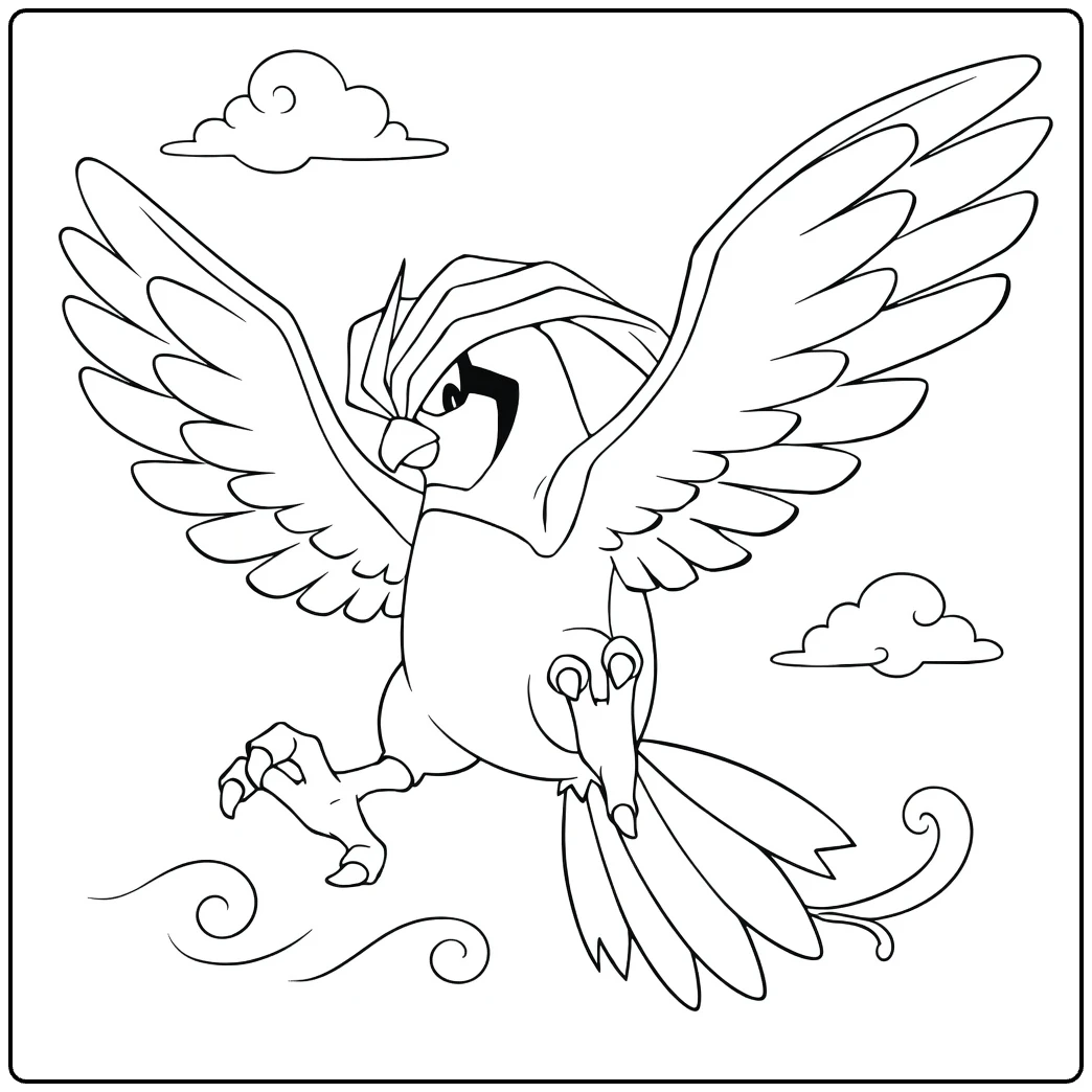 Pidgeotto kleurplaat: vliegende Pokémon met wolken