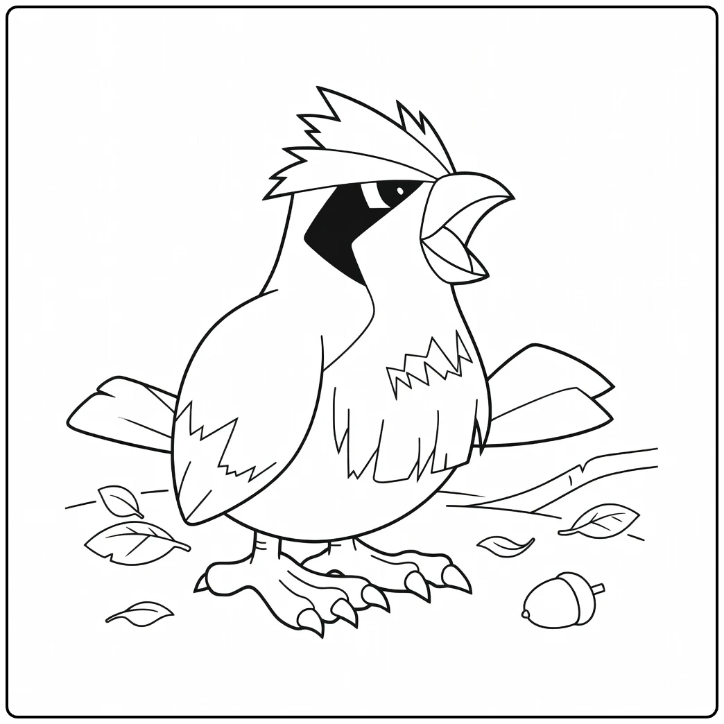 Pidgey kleurplaat: Pokémon vogel met bladeren en eikel