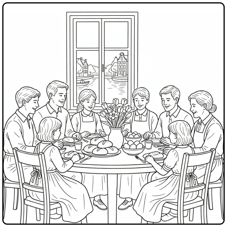 Pinksteren Kleurplaat met brunch aan ronde tafel en kanaal
