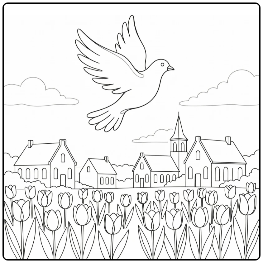 Pinksteren Kleurplaat duif boven dorp met tulpen