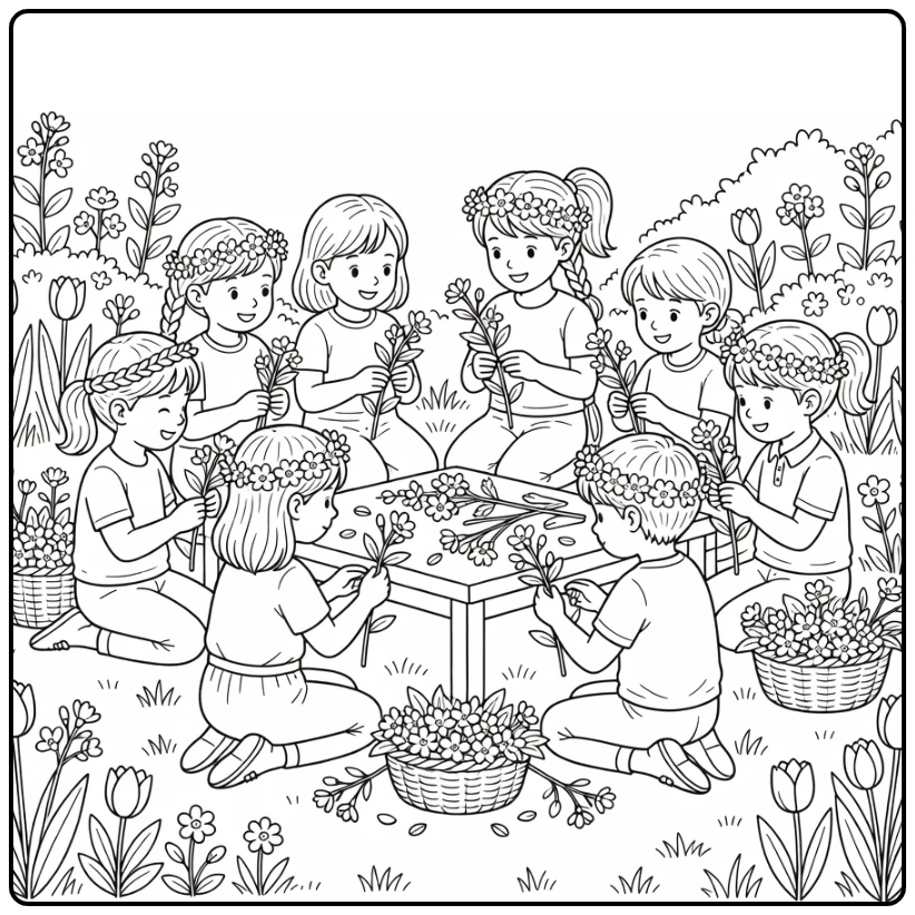 Pinksteren Kleurplaat kinderen maken bloemkransen in tuin