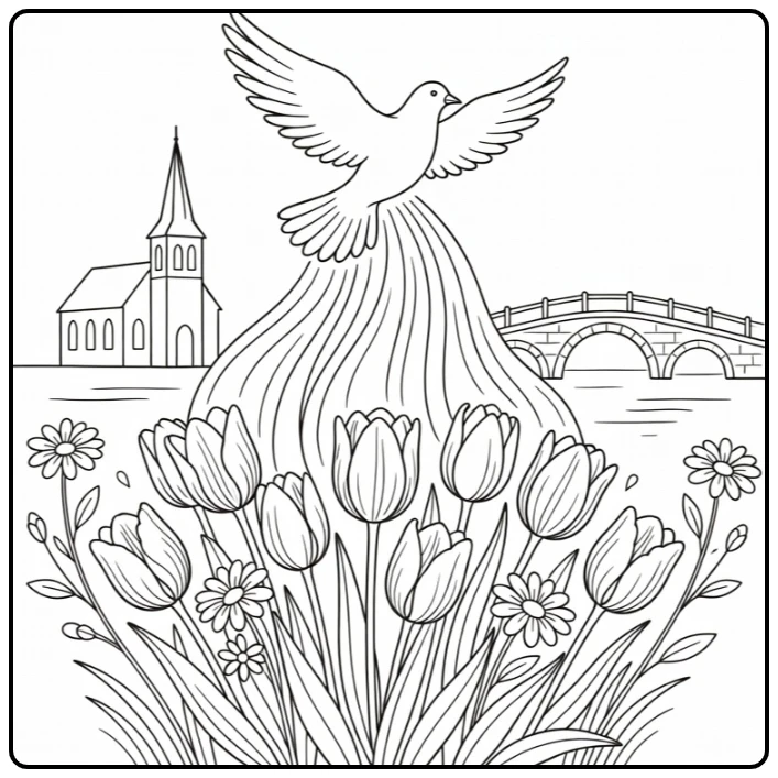 Pinksteren Kleurplaat met duif boven tulpen en kerk