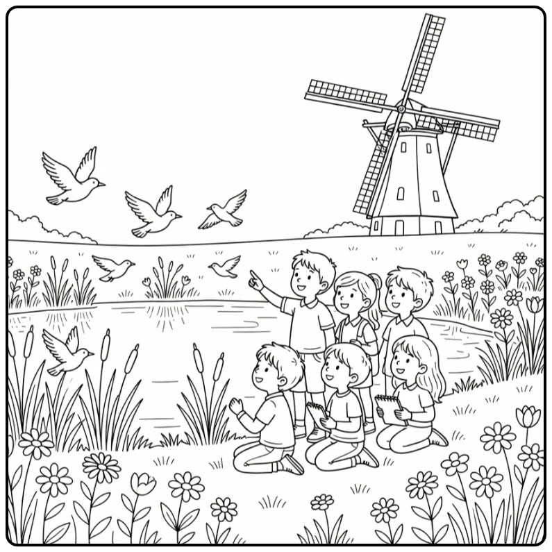 Pinksteren Kleurplaat kinderen kijken naar vogels bij de vijver