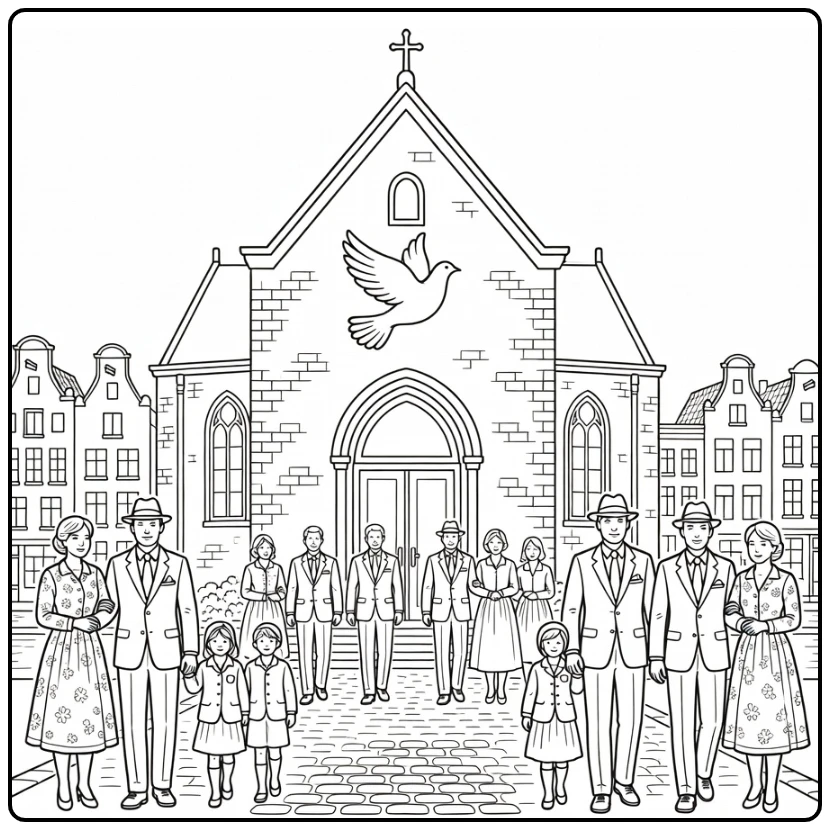 Pinksteren Kleurplaat kerk met duif en families
