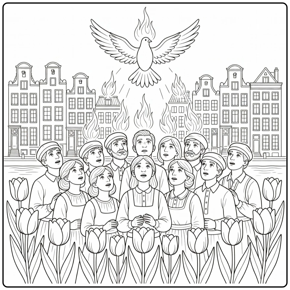 Pinksteren Kleurplaat with dove flames tulips and canals
