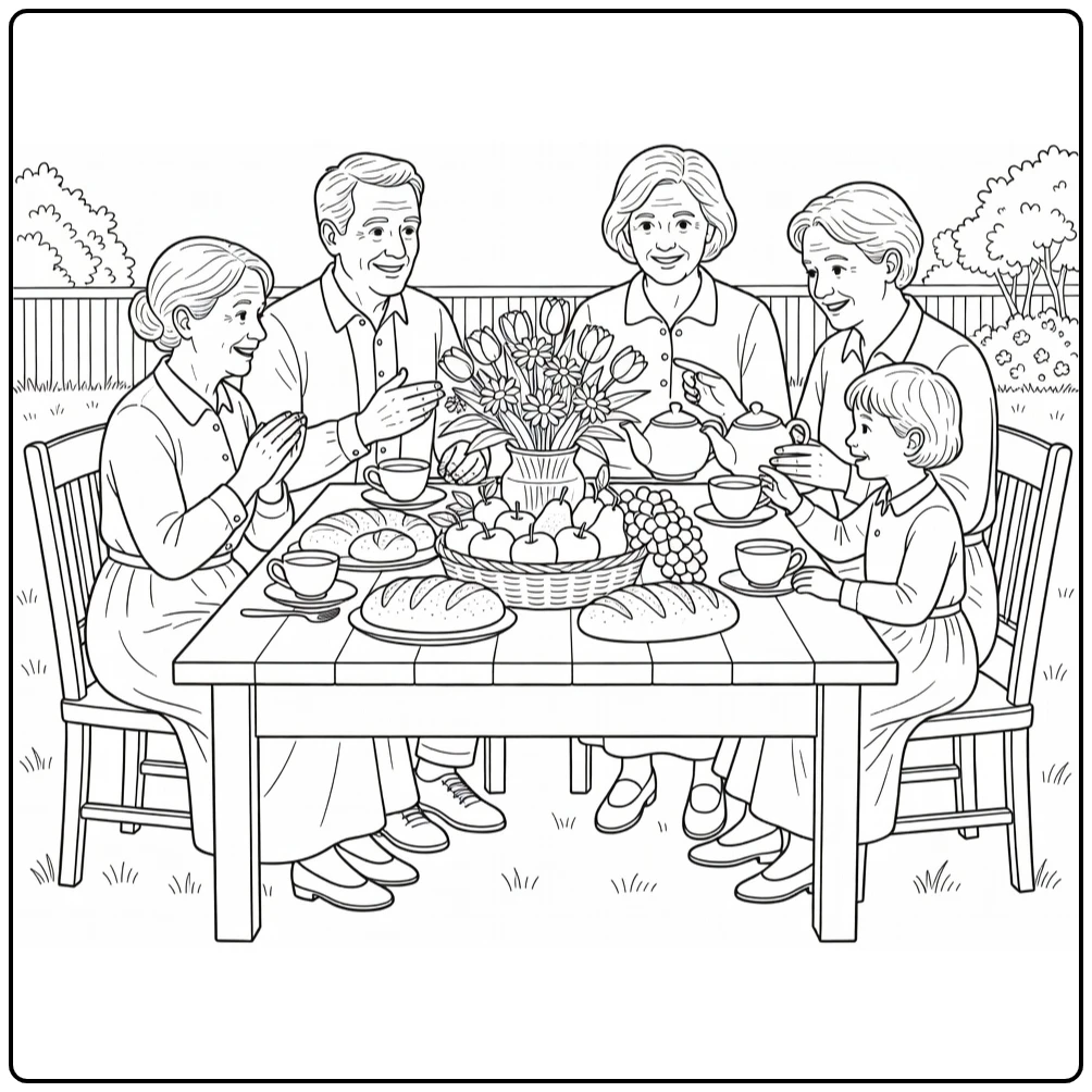 Pinksteren Kleurplaat met brunchtafel in de tuin