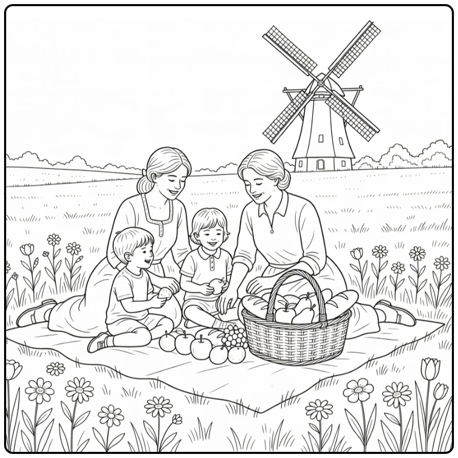 Pinksteren Kleurplaat met picknick in groene weide
