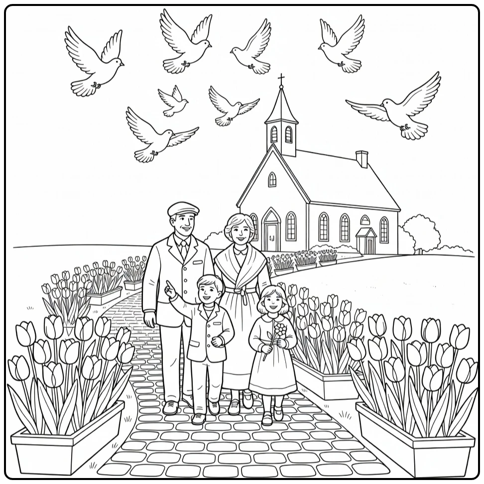 Pinksteren Kleurplaat met familie naar dorpskerk