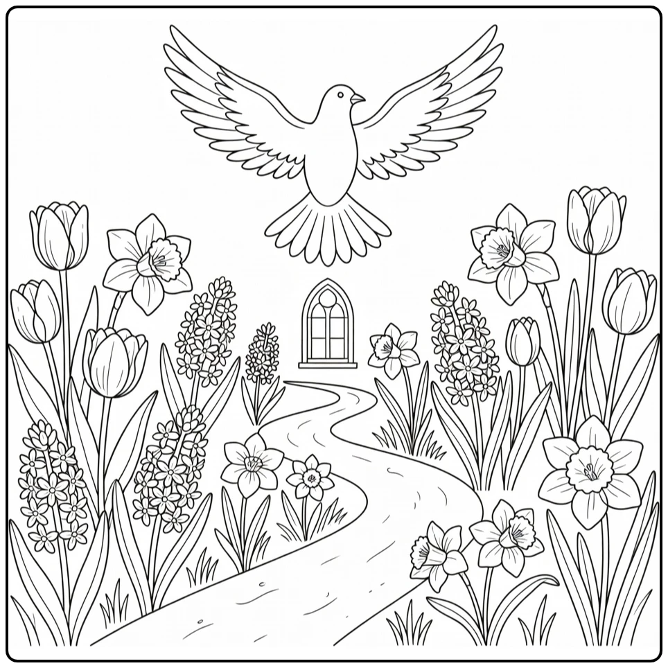 Pinksteren Kleurplaat met duif boven bloemen en pad