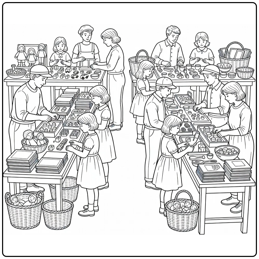 Pinksteren Kleurplaat van Nederlandse vlooienmarkt met families