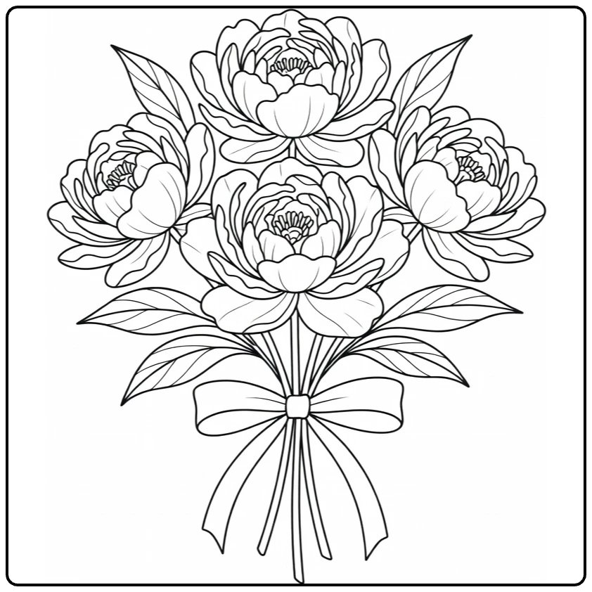 Pioenroos kleurplaat met boeket van drie bloemen