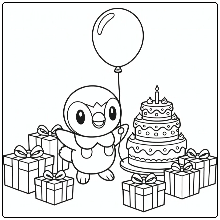 pokemon verjaardag kleurplaat Piplup met ballon taart cadeaus