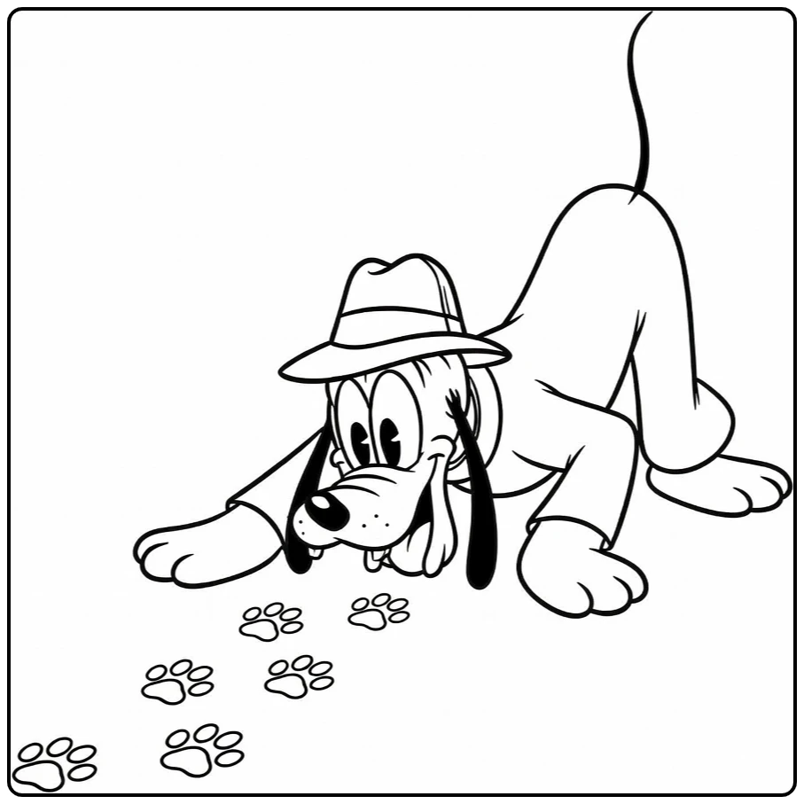 Pluto kleurplaat: detectivehoed, volgt pootafdrukken