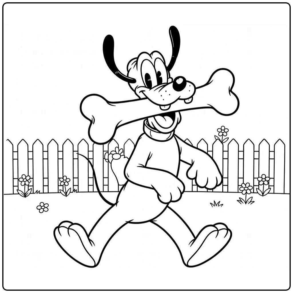 Pluto kleurplaat met Pluto die een groot bot draagt en vrolijk loopt
