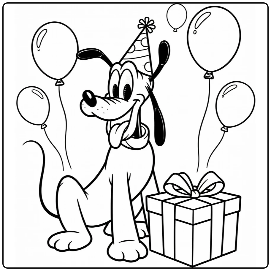 Pluto kleurplaat met feestmuts, cadeau en ballonnen
