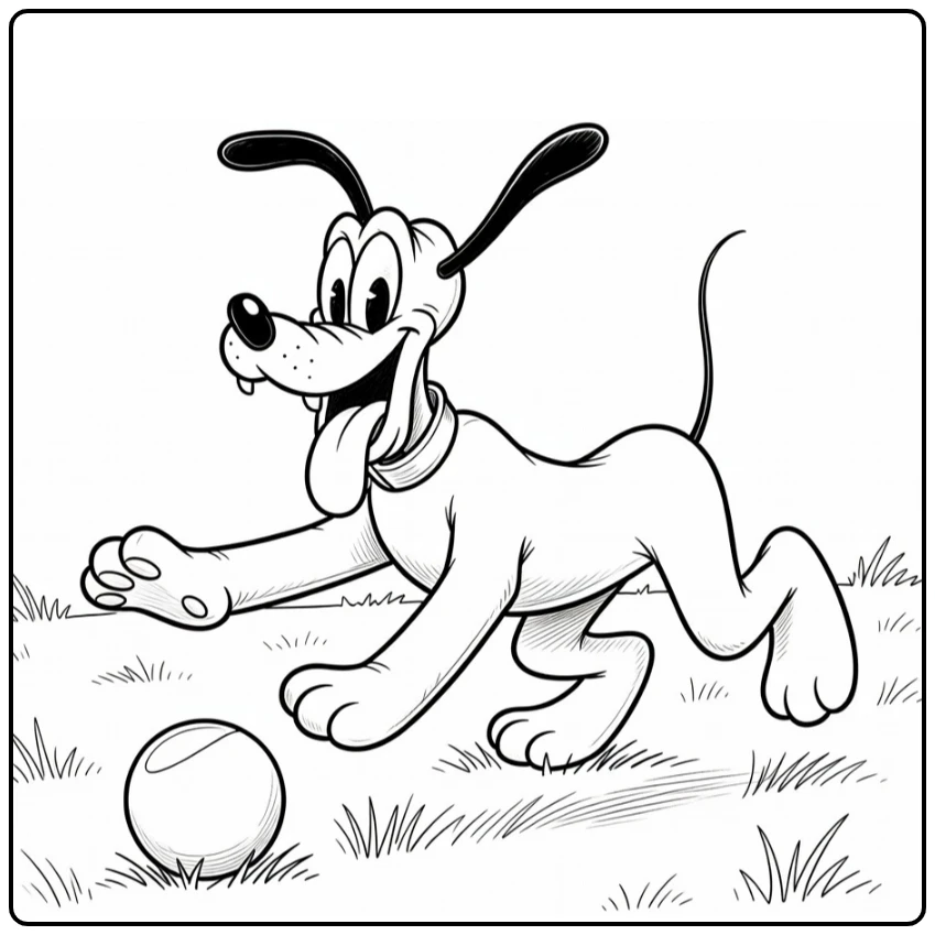 Pluto kleurplaat: Pluto jaagt speels bal op gras, tong uit